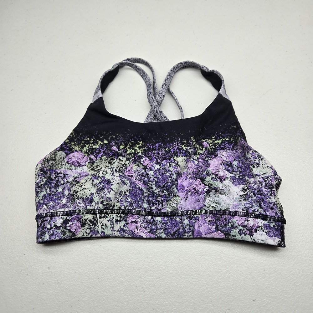 Lululemon Women Sports Bra 6 Purple Floral Energy Nulux Wireless Crossback